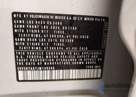 2018 Volkswagen Tiguan 2.0T Se/2.0T Sel из США, поврежденный, VIN 3VV2B7AX7JM149240